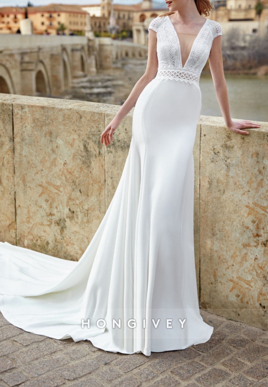 Satin Trumpet Wedding Dress with Lace Appliques