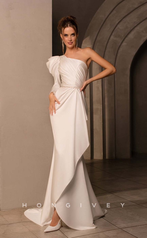 Sexy Satin One Shoulder Long Sleeve Gown with Sweep Train