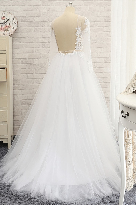 Affordable White Tulle Ruffles Lace Wedding Dress, Jewel Longsleeves