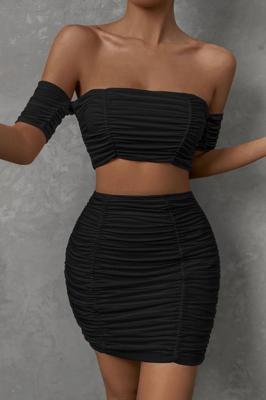 Sexy Black Off Shoulder Crop Top High Waist Ruched Two-Piece Club Mini Dress