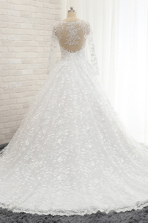 Elegant Jewel Longsleeves Lace Wedding Dress, White A-line & Appliques