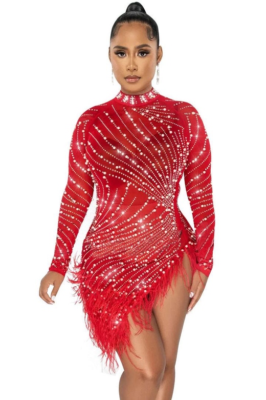 Red Sparkly Crystal High Neck Sheer Mesh Bodycon Feather Party Mini Dress