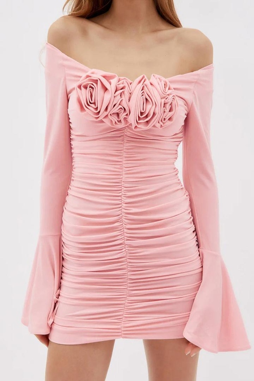 Sexy Pink Rosette Corsage Off Shoulder Bell Sleeve Ruched Party Mini Dress