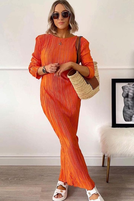 Glamorous Burnt Orange Long Sleeve Shirred Beach Vacation Maxi Dress