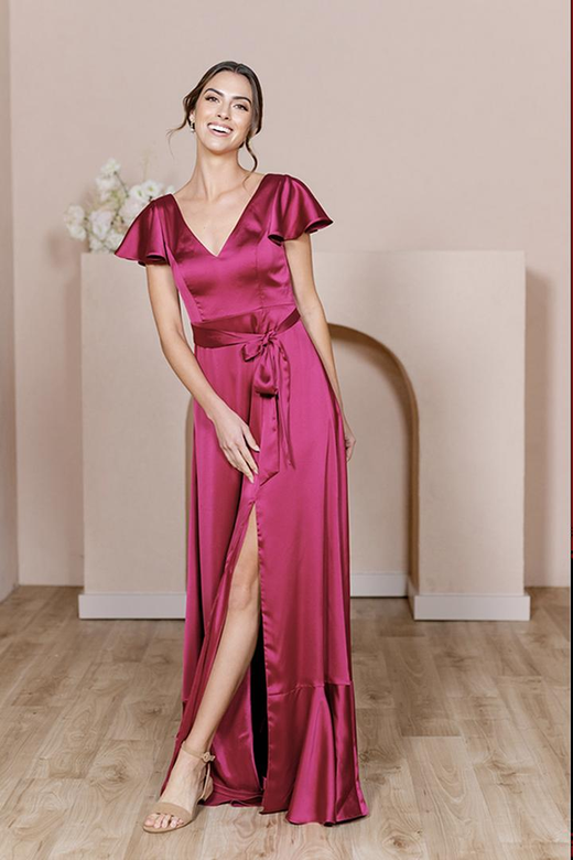 V-Neck Cap Sleeves Satin A-Line Slit Bridesmaid Party Dress