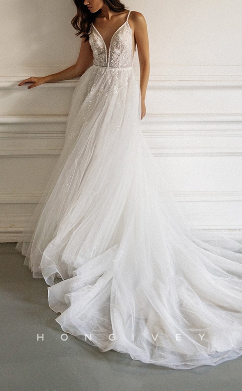 Tulle A-Line Dress with V-Neck & Beaded Appliques Train