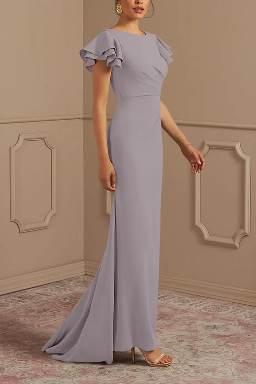 Scoop Cap Sleeves Ruched Chiffon Sheath Mother of Bride Gown