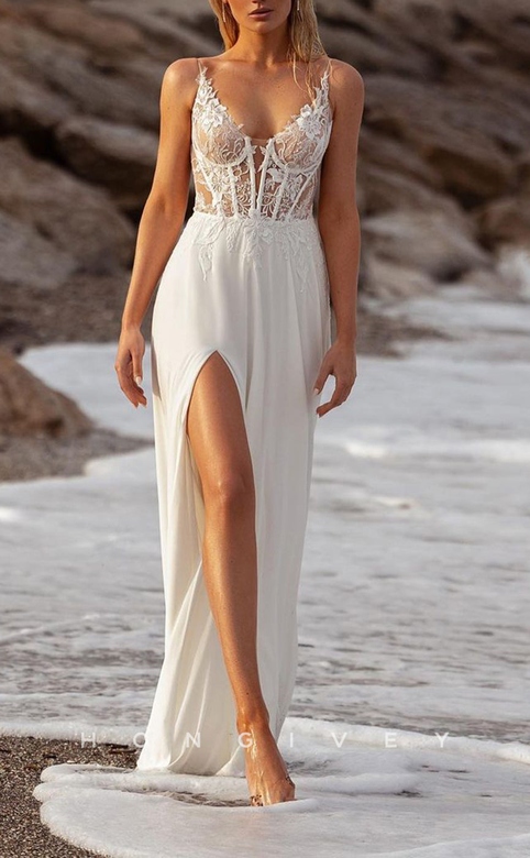 Sexy Satin A-Line Beach Dress, V-Neck, Illusion, Side Slit