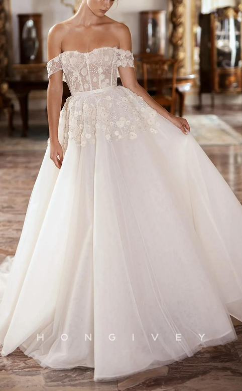 Floral Appliqued Wedding Dress with Crystal Beads & Tiered Train