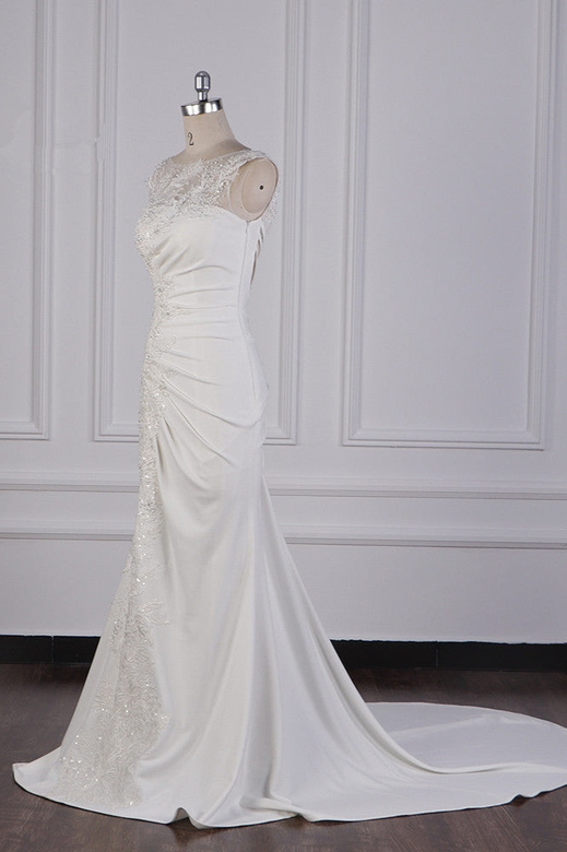 Gorgeous Jewel Mermaid Satin Wedding Dress with Ruffles, Appliques, and Beadings