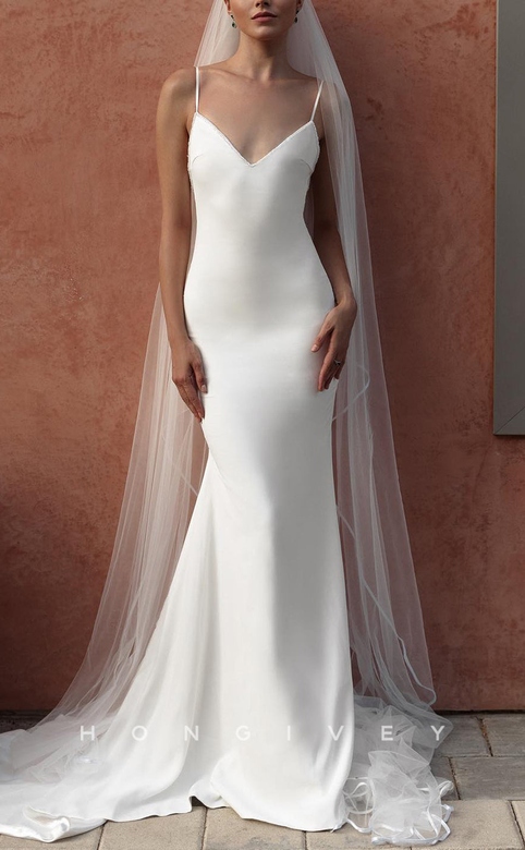 Simple V-Neck Spaghetti Straps Trumpet with Train Wedding Dress