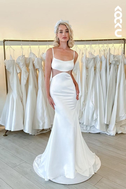 Square Neck Sleeveless Sheer Tulle Satin Mermaid Wedding Gown