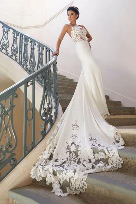 Spaghetti Strap Lace Wedding Dress Online, Chapel Train Included