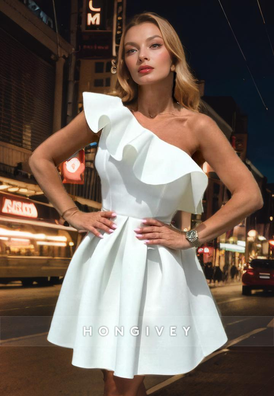 Satin A-Line One Shoulder Ruffled Short Homecoming Party Dress