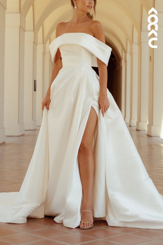 Simple Elegant Off-Shoulder A-line Side Slit Satin Dress