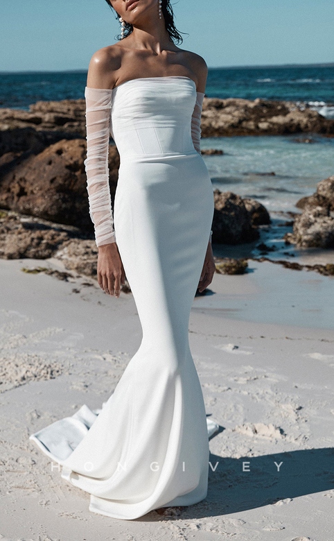 Sexy Satin Strapless Lace Long Sleeves Beach Wedding Dress