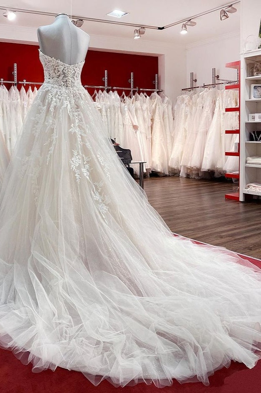 Strapless Tulle A-Line Wedding Dress with Lace Ruffles in Ivory