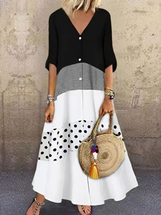 V-Neck Color Block Buttoned Vacation Midi Dress