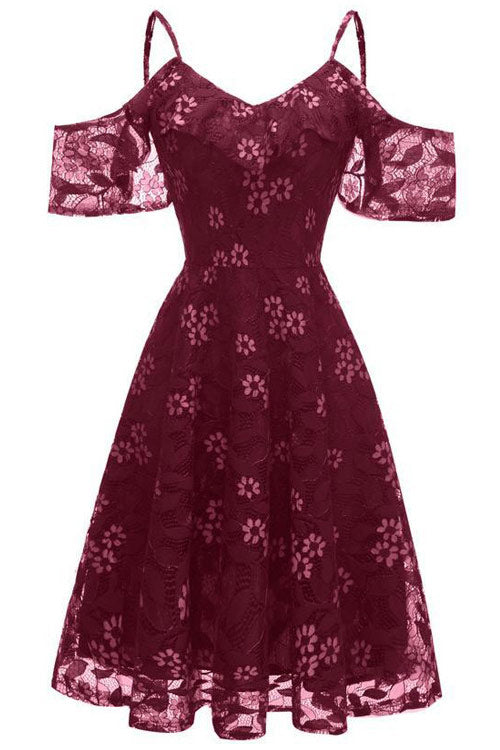 Burgundy Lace A-Line Spaghetti Straps Prom Dress for Elegance