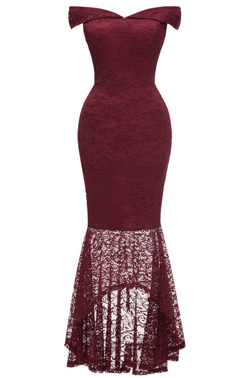 Burgundy Off-the-Shoulder Lace Mermaid High Low Prom Dress