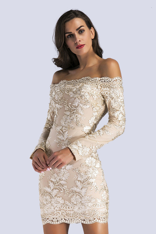 Champagne Off-the-Shoulder Embroidered Long-Sleeved Bodycon