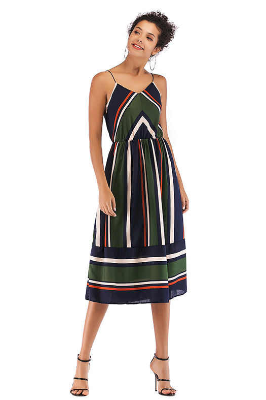 V-Neck Striped Color-Block Backless Chiffon Dress for Style