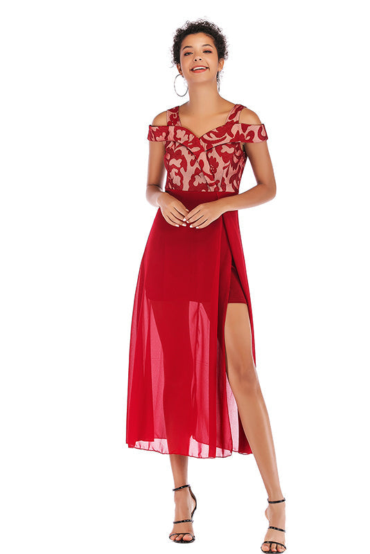 Red Off-the-Shoulder Mesh Stitched Chiffon Dress for Elegance