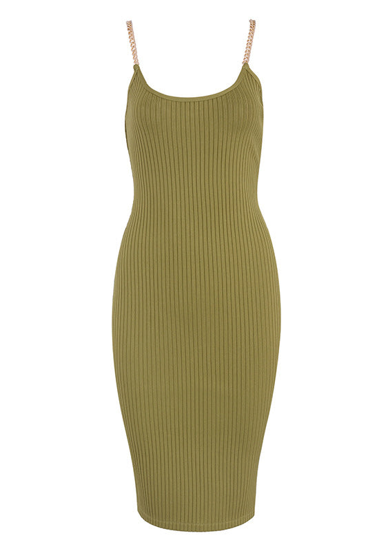 Solid Chain Sleeveless Ribbed Bandage Dress for Contemporary Elegance