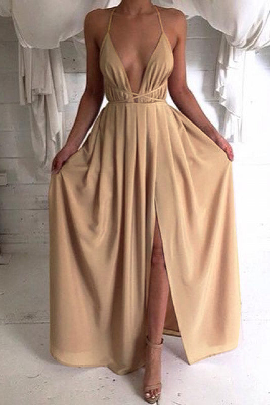 Sexy Plunge Neck Halter Slit Long Dress for Daring Elegance