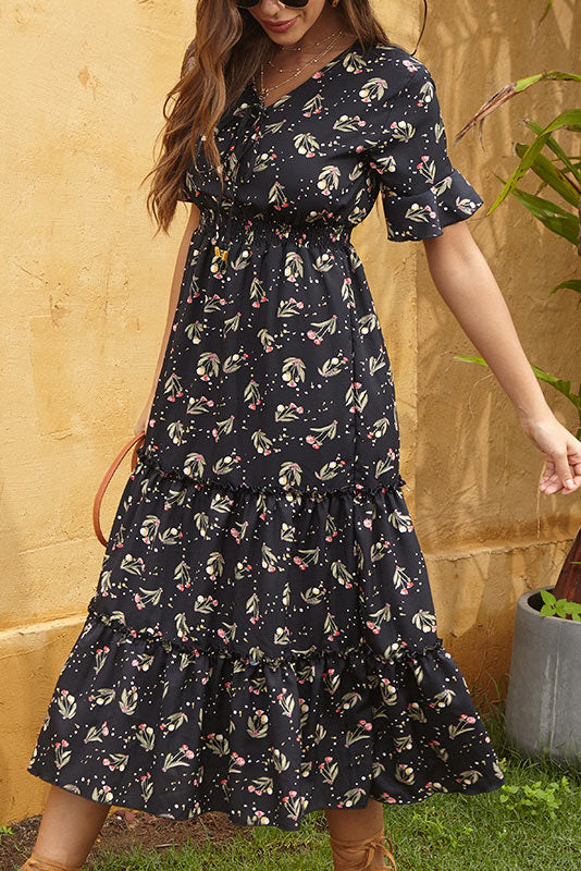 Vintage Printed Frilled Waist Long Dress for Retro Elegance