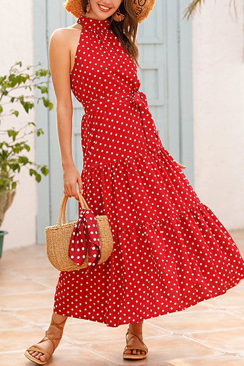 Polka Dot Halter Maxi Dress with Belt for Summery Elegance