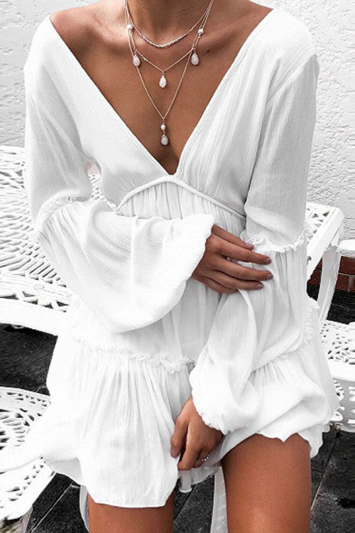 White Deep V Lantern Sleeves Mini Dress for Flirty Elegance