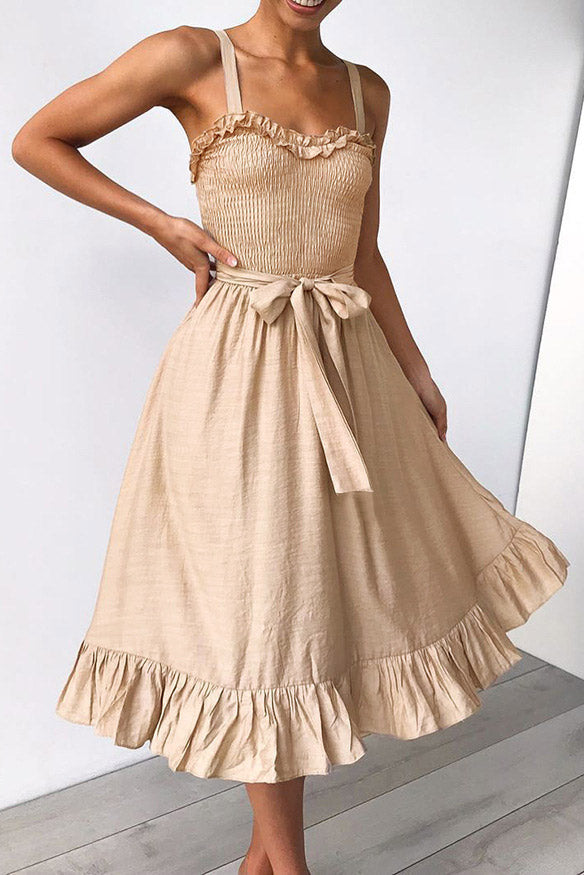 Smocked Sleeveless Lace-Up Ruffled Dress for Feminine Charm