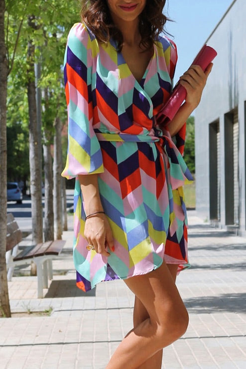 Colorful Geometric Print Lace-Up Vacation Dress for Vibrant Style