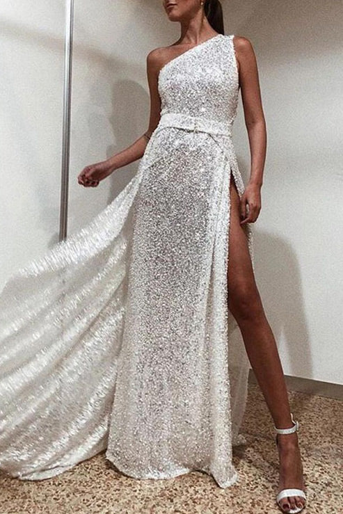 Sparkly Sexy One Shoulder Slit Prom Dress for Shimmering Elegance