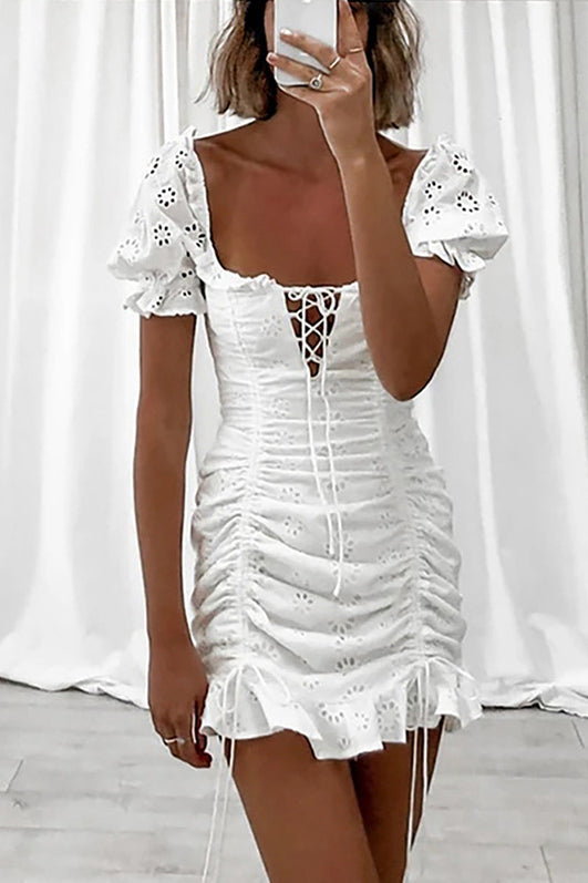 White Cutout Drawstring Short Dress for Minimalist Elegance