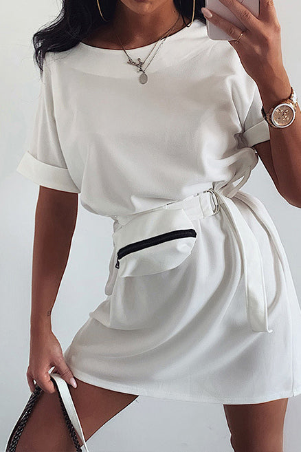 Scoop Roll Up Sleeve Casual Dress with Belt for Versatile Style