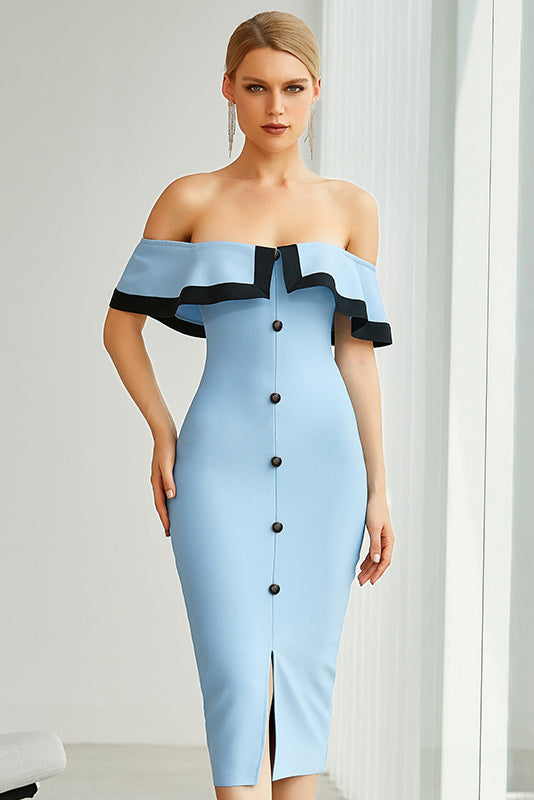 Light Sky Blue Off-The-Shoulder Cocktail Bandage Dresses for Feminine Charm