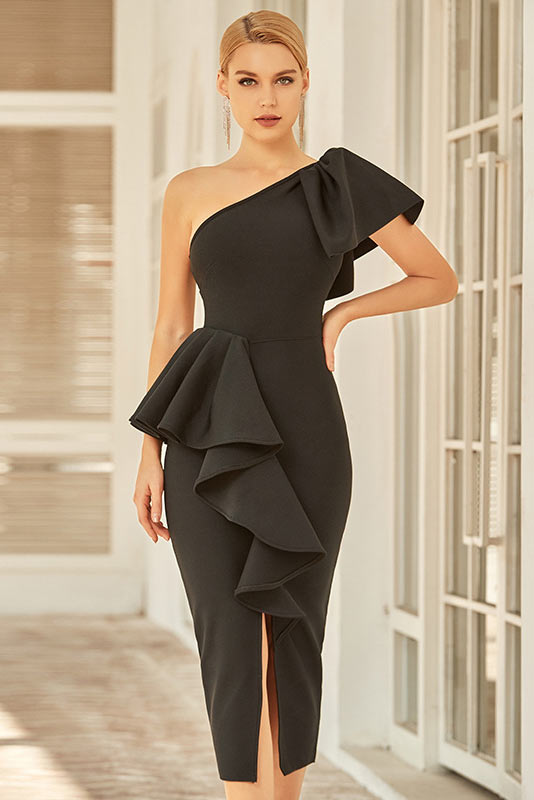 Elegant Black One Shoulder Evening Party Bandage Dress for Refined Elegance