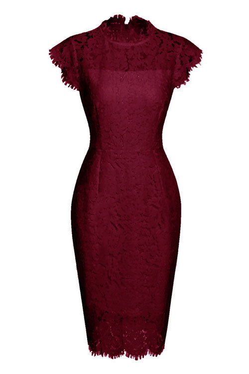 Elegant Burgundy Knee Length Lace Cocktail Party Dress for Refined Elegance