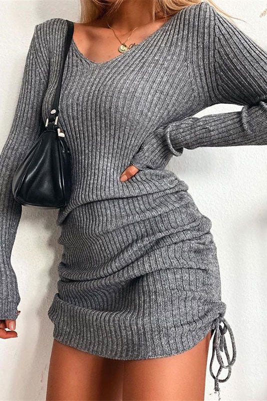 Sexy Grey Knitted V-Neck Slim Pleated Long-Sleeve Dress for Feminine Silhouettes