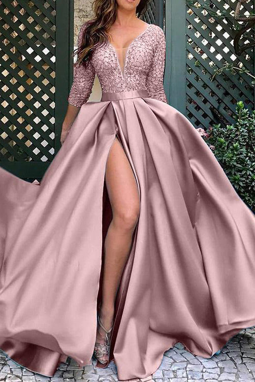 Sexy Pink Slit A-Line Formal Gown for Glamorous Proms