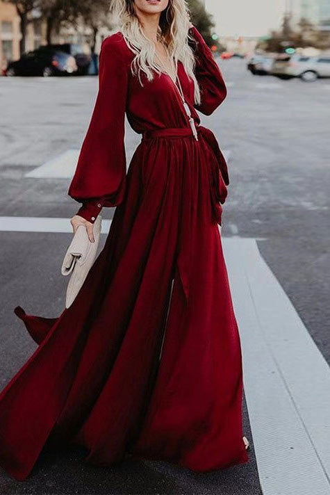 Fashion Red Long Sleeve V-Neck Dress for Stylish Elegance