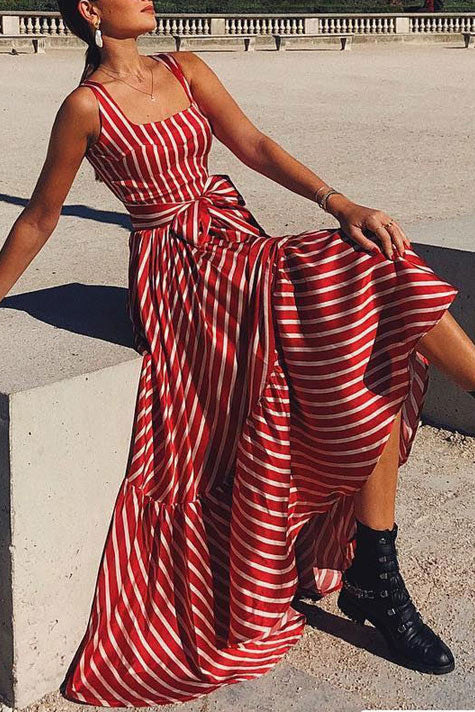 Chic Red Stripe Sleeveless Maxi Dress for Bold Elegance