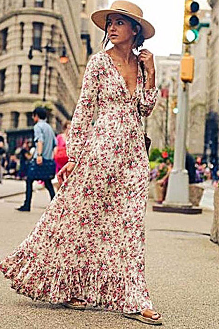 Plunging Long Sleeve Floral Maxi Dress for Sensual Elegance