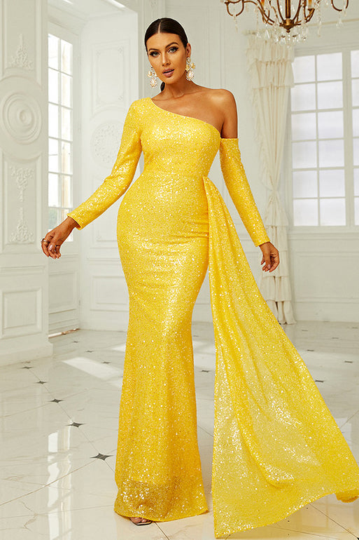 Yellow Long Sleeve Formal Gown for Elegant Evening Proms