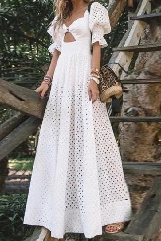 White Long Hollow Cut Out A-Line Dress for Feminine Charm