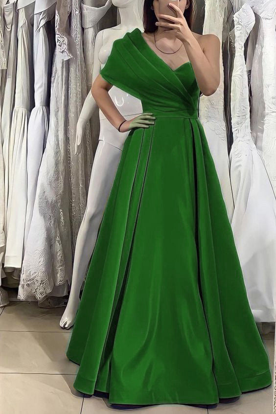 Green One Shoulder A-Line Prom Gown for Asymmetrical Elegance