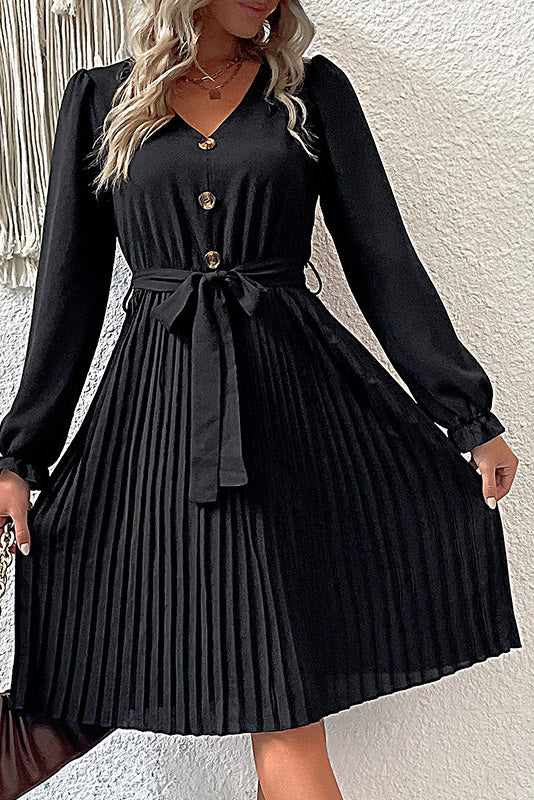 Black Knee Length Pleated Long Sleeve Dress for Classic Elegance