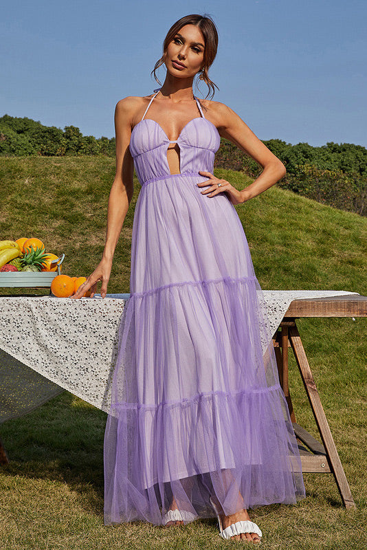 Sexy Lilac Halter Open Back A-Line Prom Gown for Sensual Elegance